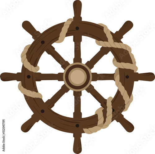 Wooden Ship Steering Wheel Nautical Maritime Navigation Equipment Vector Illustration 