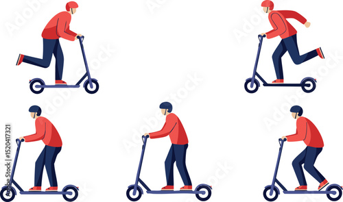 Young man in red jacket riding electric scooter in various poses vector illustration 