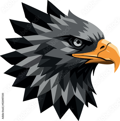 Fierce eagle head vector illustration with sharp feathers and orange beak 