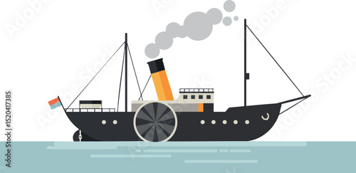 Vintage steam paddle boat sailing on calm water with smoke from chimney vector illustration 