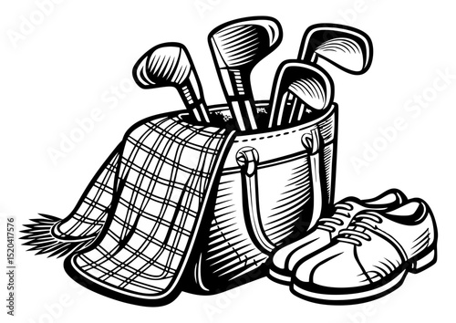 An illustration depicts a golf bag filled with clubs, a plaid towel, and a pair of golf shoes.