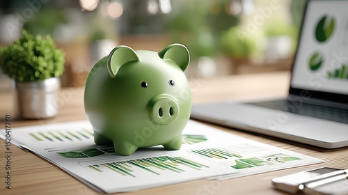 Green Piggy Bank on Financial Documents