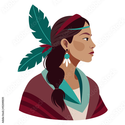 Vector illustration of a Native American woman in traditional attire with feathers and turquoise accents

