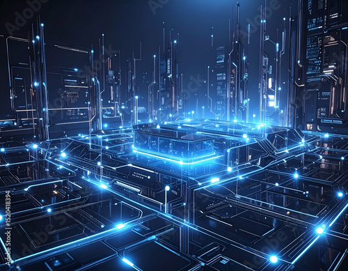 Abstract Digital Cityscape Glowing Lines and Interconnected Grid