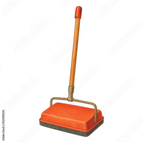Carpet Sweeper Vector – Wooden Handle, Retro Red Base, Isolated
