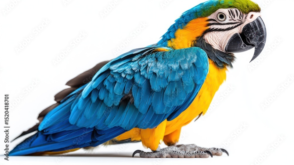 Fototapeta premium Vibrant blue and gold macaw isolated against plain white background