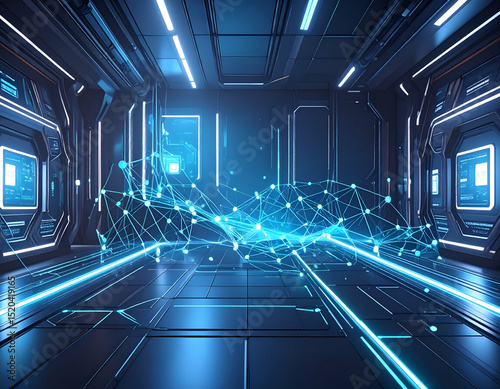 Abstract Digital Network Glowing Teal and Blue Lines in Futuristic Corridor