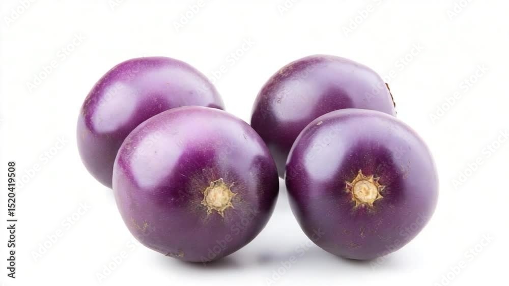 Four fresh, vibrant purple eggplants arranged on a clean white background, showcasing their glossy texture Four fresh, vibrant purple eggplants arranged on a clean white background, showcasing their glossy texture