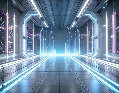 Abstract Futuristic Corridor Glowing Lines and Digital Data Streams