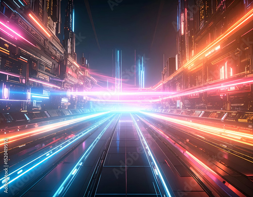 Abstract Futuristic Cityscape Glowing Neon Lines and Vibrant Colors