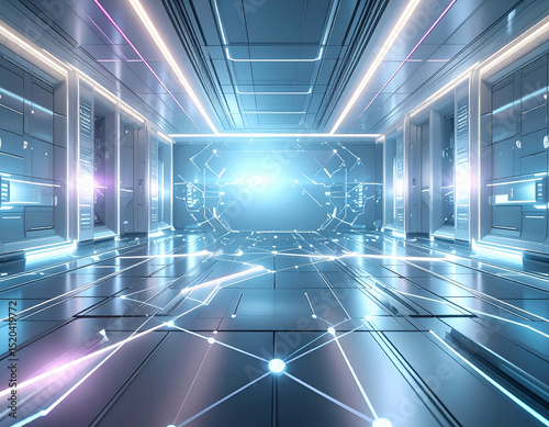 Abstract Digital Corridor Interconnected Square Shapes in Blue and White