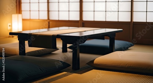 Japanese interior featuring a low black table and floor cushions bathed in warm lighting creating a calm atmosphere.