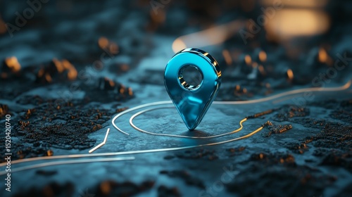 3D render of a blue location pin icon, symbolizing navigation and GPS travel, set on a route graphic with a road marker design, representing destination points and map positioning in a modern