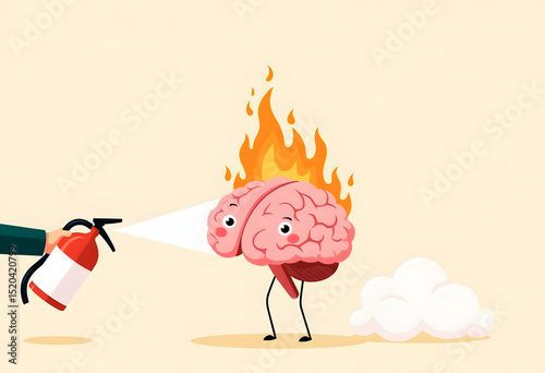 Cartoon brain on fire being extinguished with a fire extinguisher
