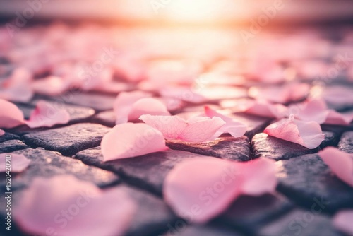 Pink Petals Gently Lay on Stone Pavers at Dawn, Calmness Theme, Serenity