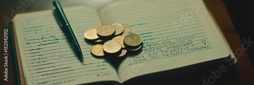 Coins and Pen Lay On Notebook With Written Notes on Business Concept