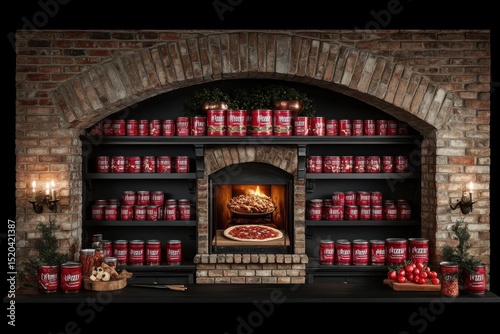 Pantry Display Featuring Canned Goods and Freshly Baked Pizza, Culinary Display
