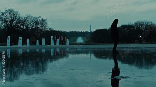 Man Contemplates Monument Reflecting In Water, Serene Atmosphere, Dark Silhouette