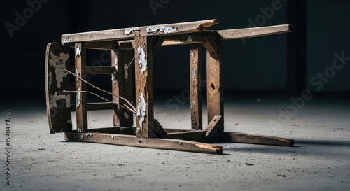 An old wooden structure with chipped paint and a weathered appearance sits on a concrete floor in a dimly lit space