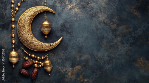 Golden Crescent and Lanterns Decorate Dark Blue Textured Background, Celebration Themes