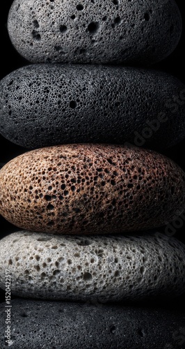 Close-up of five porous, dark-toned stones stacked vertically against a black background, showcasing textural detail and subtle color variations