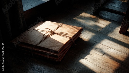 Sunlit stack of kraft paper-wrapped packages tied with twine on a hardwood floor