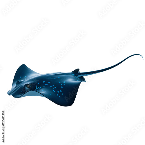 A lone majestic spotted stingray gracefully glides in dark ocean depths on transparent background