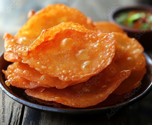 A stack of crispy, golden-brown, slightly puffed flatbreads rests on a dark plate, accompanied by a small bowl of dipping sauce