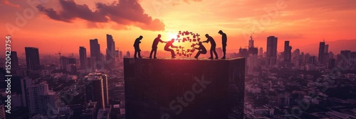 Team Collaboration Solves Puzzle on Cityscape, Partnership Sunset Concept