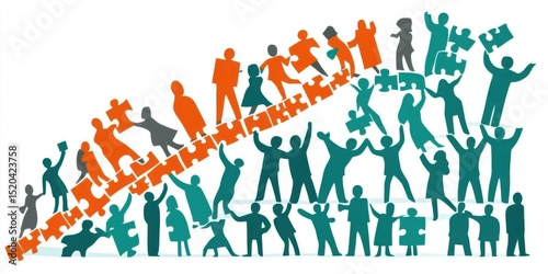People unite with puzzle pieces, forming a human chain together to connect
