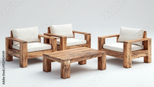 Rustic wooden outdoor furniture set; two armchairs with off-white cushions and a low coffee table, all made of reclaimed wood with a natural finish