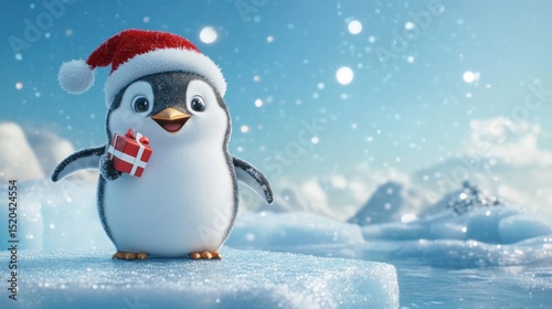 Cheerful penguin with christmas hat in snowy landscape
