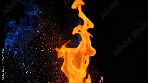 Fire and ice with scattering sparks on a black background