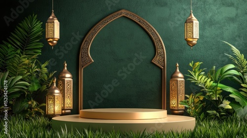 3d modern brown islamic podium in green background with lantern, mosque, grass, plant, gold. banner for islamic banner