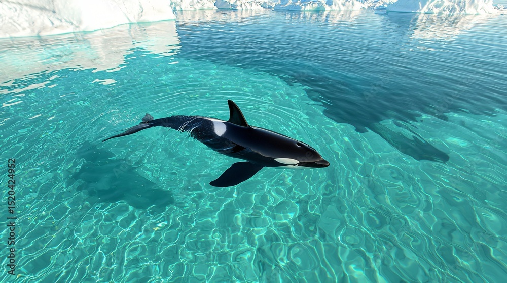 Obraz premium a lone orca whale diving toward the seabed in a quiet Arctic ocean setting, glacial reflections and fine water detail visible, body curving naturally with fins extended