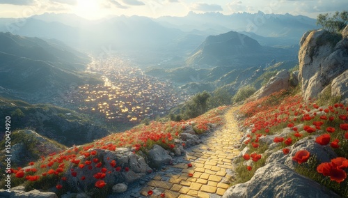 Sunlit valley vista; a winding yellow brick road ascends from a poppy field towards a distant, sun-drenched city nestled amidst hazy mountains