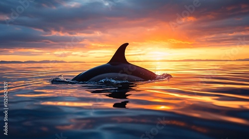 a minimal scene showing just a dolphinâ€™s dorsal fin above the water at twilight, mirror-like sea surface, rich blue and violet tones in the sky