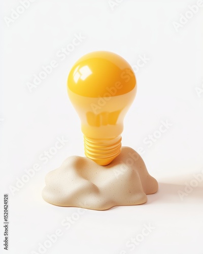 A vibrant yellow lightbulb sits atop a small, off-white, amorphous mound against a stark white background
