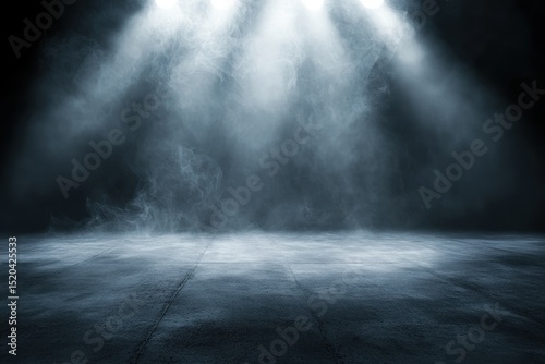 Three spotlights illuminate a smoky, dark, empty concrete space