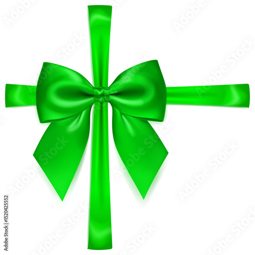 A vibrant vector illustration with beautiful large green shiny bow with cross ribbons and soft shadow on white background, perfect for gift wrapping or decorative purposes.