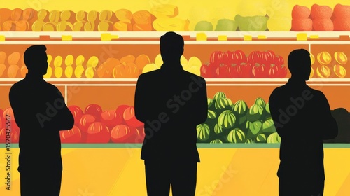 Silhouettes Stands Before a Food Shelf with Groceries in a Market Aisle