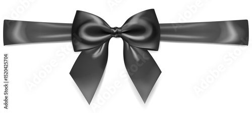 A vibrant vector illustration with beautiful large black shiny bow with horizontal ribbon and soft shadow on white background, perfect for gift wrapping or decorative purposes.