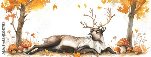 Deer Rests Among Mushrooms in Autumn Forest Watercolor Concept Theme.