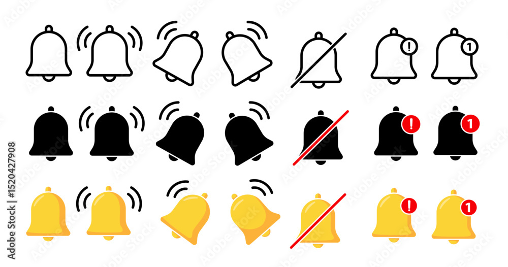 Different variations of notification bell icons suitable for web or app design projects in need of alert or notification symbols. Vector illustration Different variations of notification bell icons suitable for web or app design projects in need of alert or notification symbols. Vector illustration
