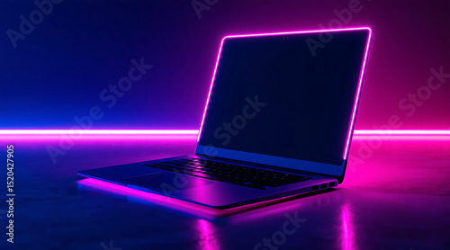 Modern laptop in neon light with futuristic aesthetics digital technology and innovative design