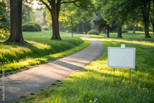 Fototapeta Naklejka Na Ścianę i Meble -  Blank white sign stands on green grass in park setting. Perfect mockup for advertisement, promotion, marketing, or information message in peaceful spring or summer environment.

