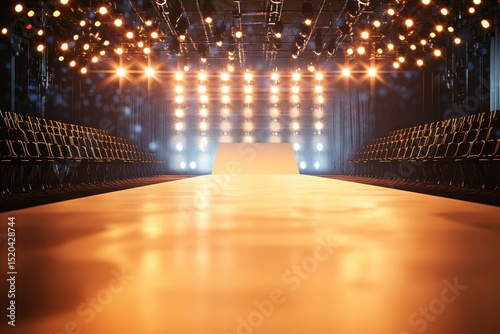 Empty fashion runway bathed in warm stage lighting, rows of empty chairs flanking the catwalk, ready for a show
