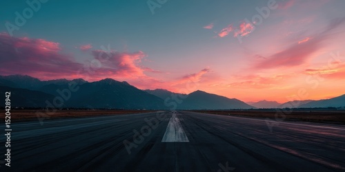 Runway vanishing point at sunset, mountains in background