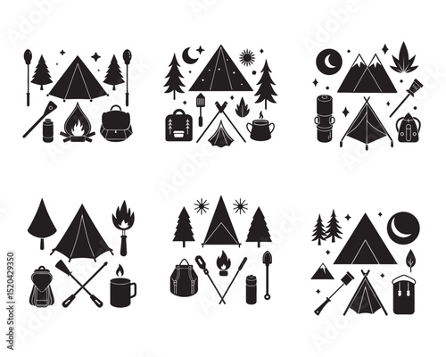 camping icon elements set silhouette