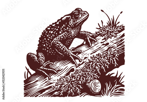 Toad Hand Drawn Natural Illustration Stylized as Linocut Vector Isolated by AZ for Books, Arts, Design and Decoration Graphic Asset